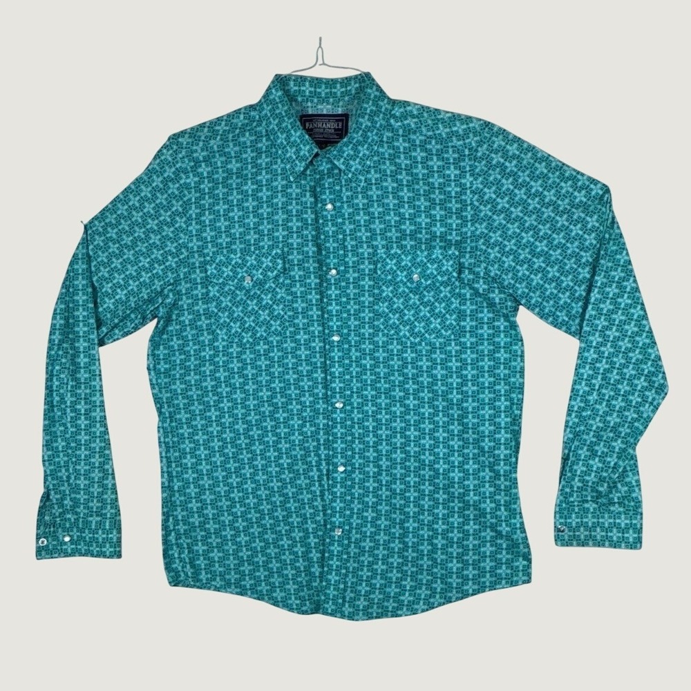 Panhandle Rough Stock Mens Teal Geometric Southwestern Pearl Snap Shirt XL R2S24
